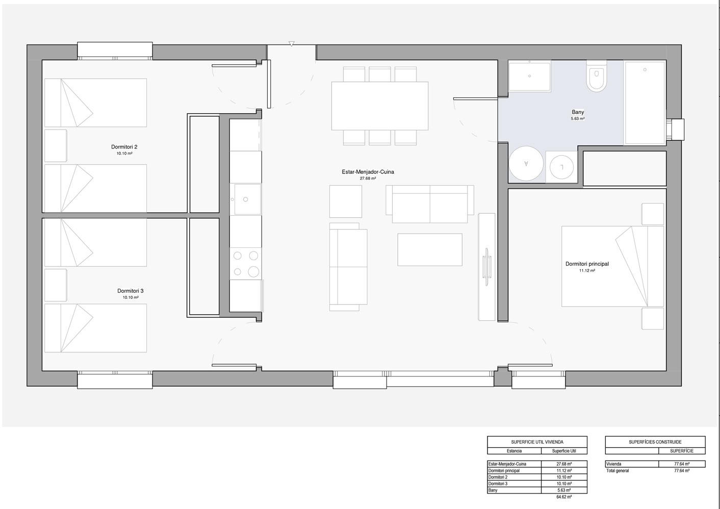 Plano de casa prefabricada modelo Barcelona 78m2