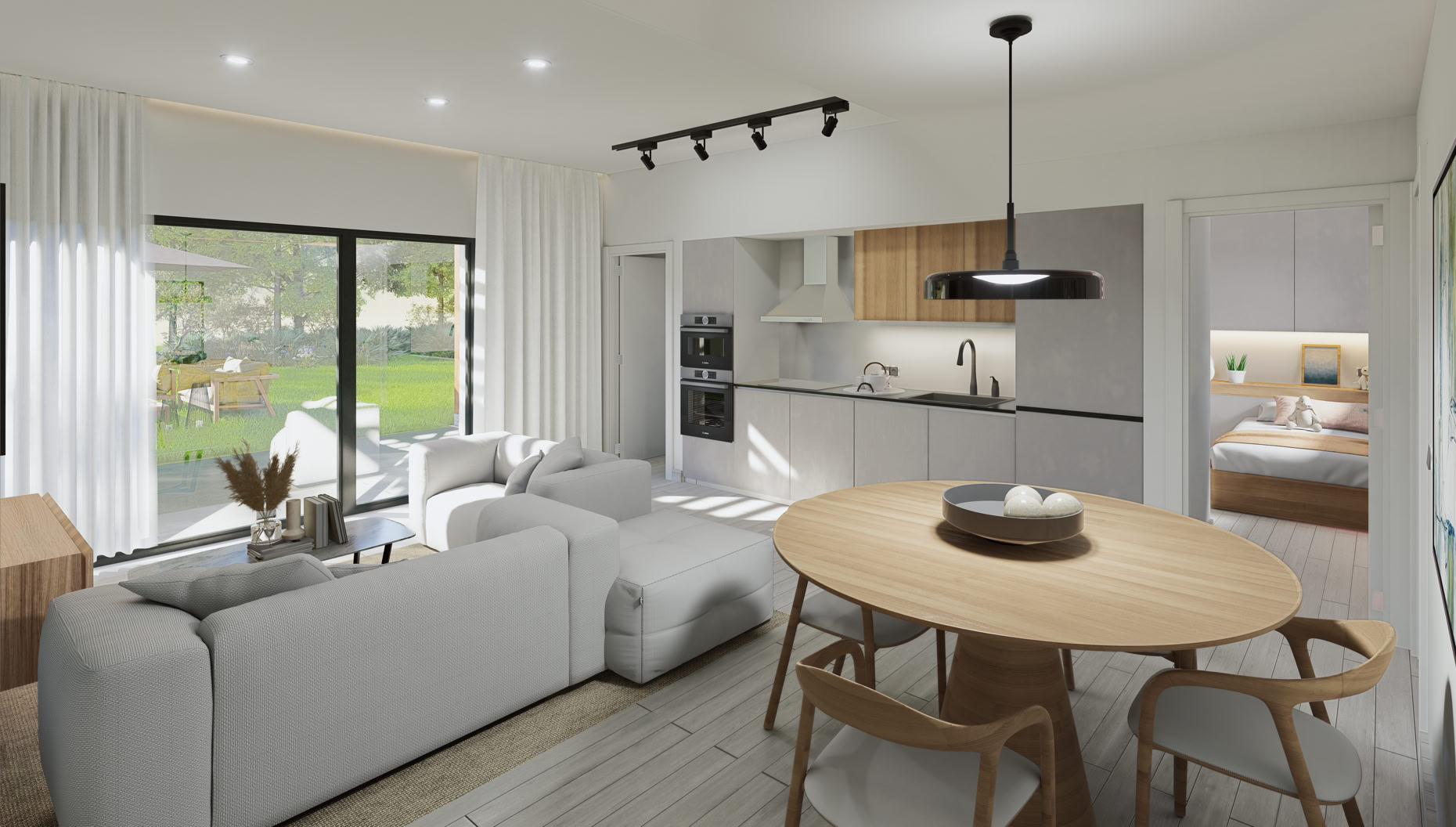 Salón comedor de una casa prefabricada