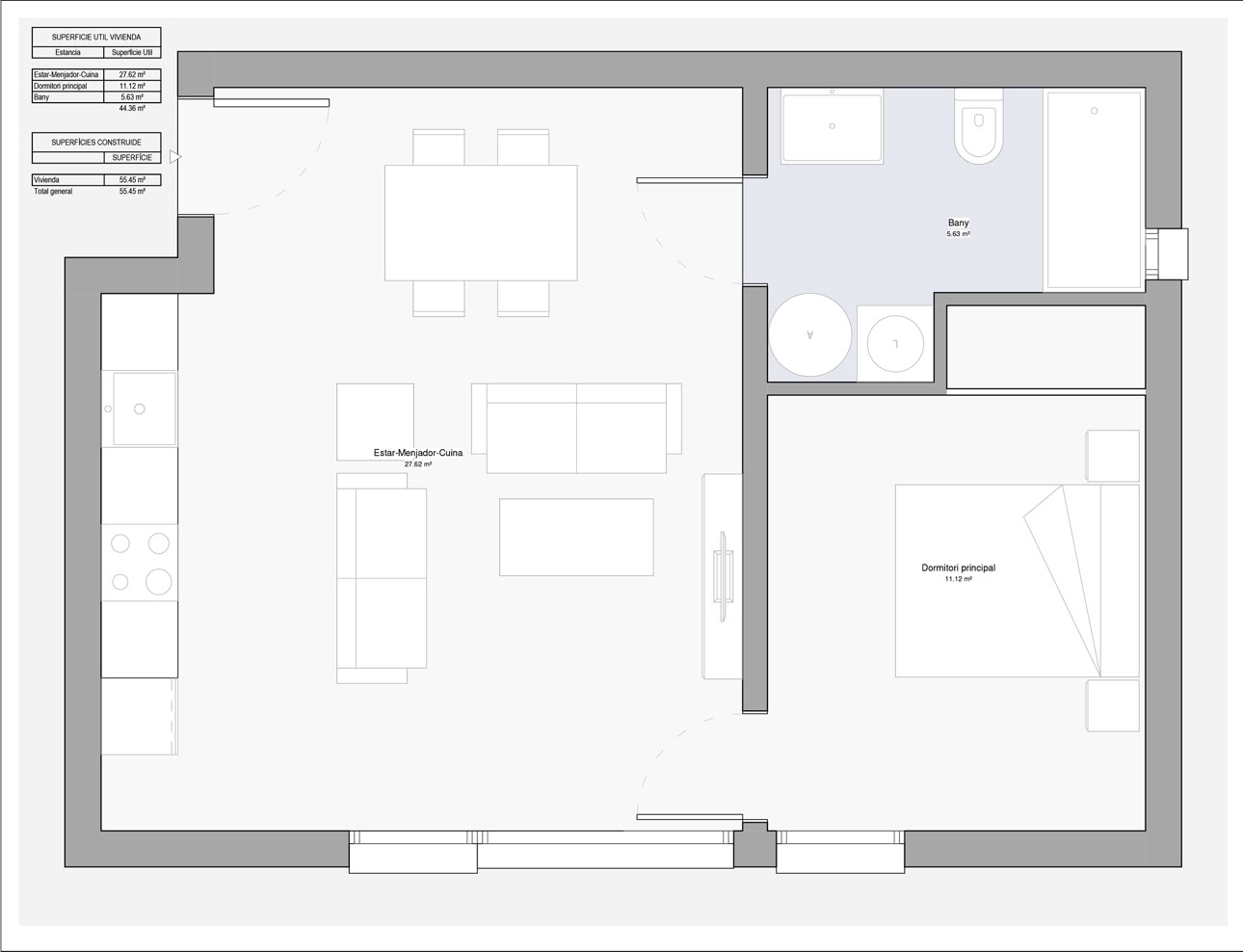 Plano de casa prefabricada modelo Sevilla 55m2