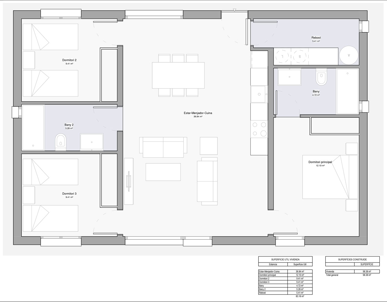 Plano de casa prefabricada modelo Madrid 98m2