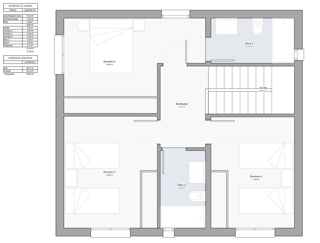 Plano de casa prefabricada modelo Valencia 135m2