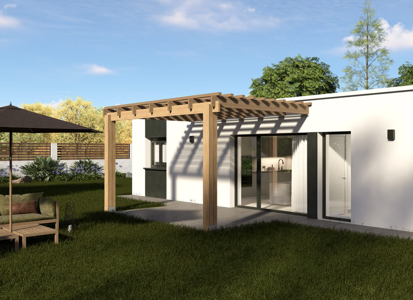Pérgola de madera en casa prefabricada
